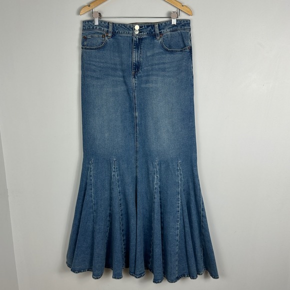Alice Olivia Flare Denim Skirt Womens Size 12 Nala Godet Maxi Floor Length Avery - Picture 12 of 16